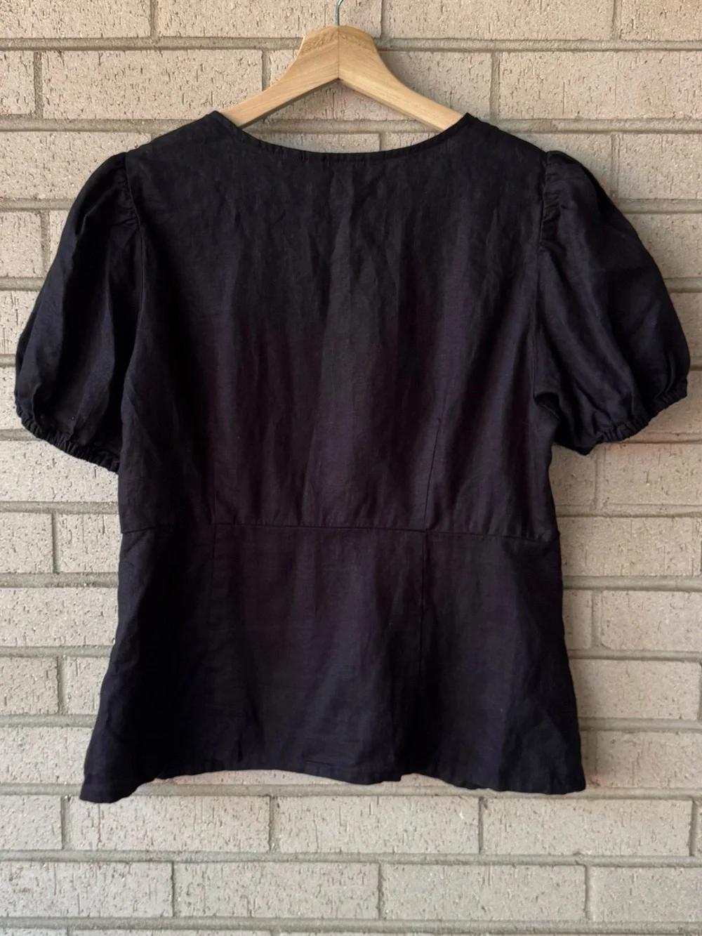 Boden Black Linen Puff Sleeve V-Neck Button Front Blouse Size US 10